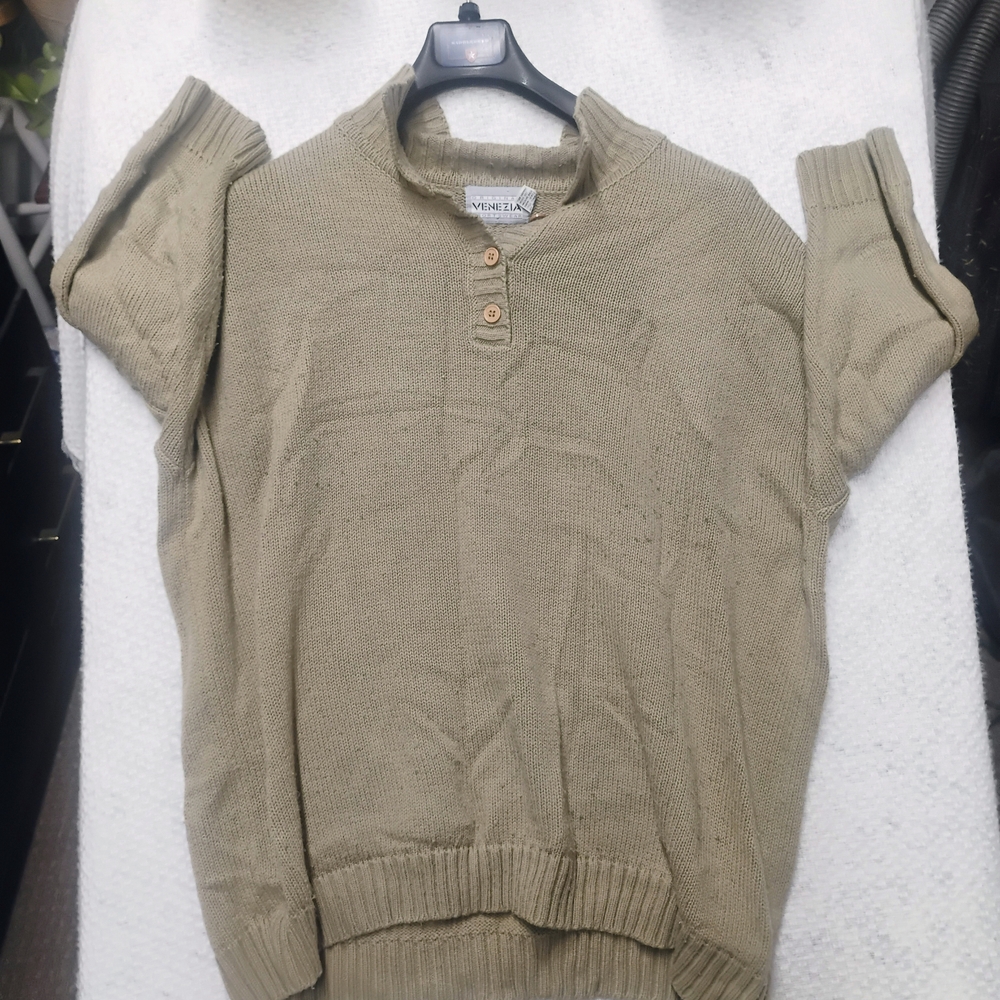 Vintage Venazea Men’s One Size Tan Henley Sweater Y2K Minimalist Old Money Prep